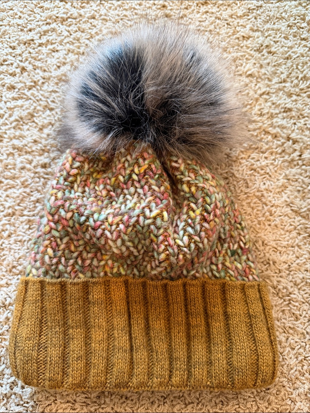 Multicolor Knit fleece-lined Pom Beanie with Faux Fur Pom